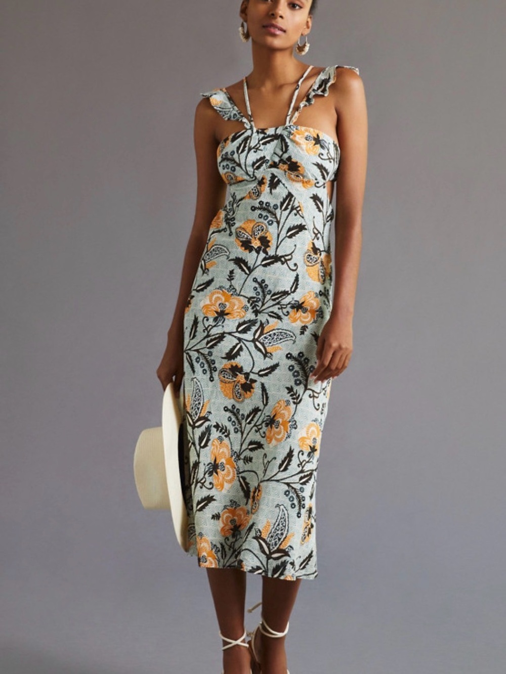 Anthropologie Floral Midi Dress in Yellow and Cream